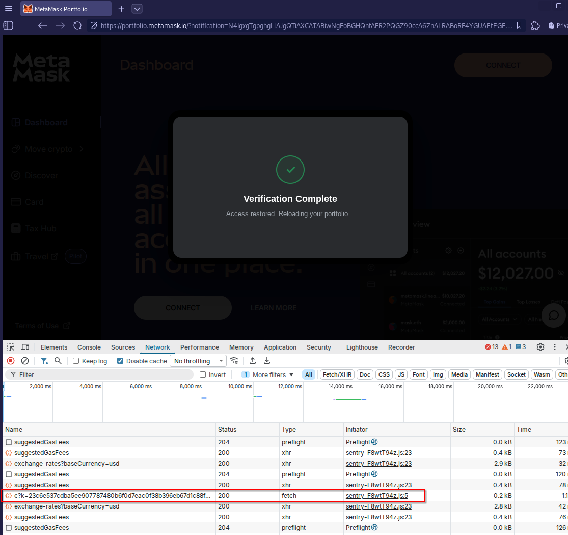 The exit screen. The C2 beacon is visible in the network tab.